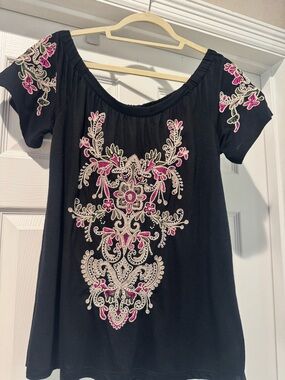 INC International Concepts Black Embroidered Peasant Top